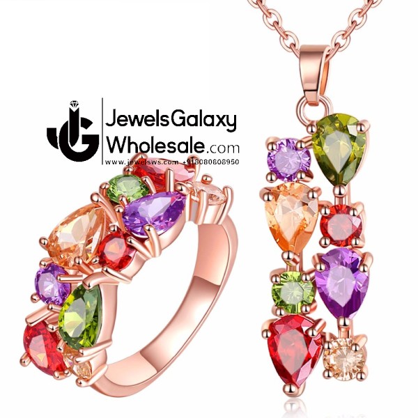 Rose Gold Plated Cubic Zirconia Multicolour Floral Pendant with Ring 4020