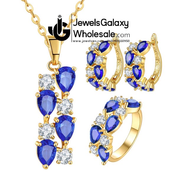 Rose Gold Plated Blue Cubic Zirconia Jewellery Set with Ring 4041