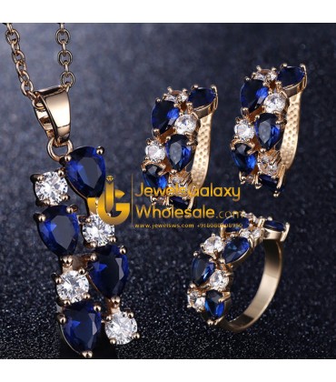 Rose Gold Plated Blue Cubic Zirconia Jewellery Set with Ring 4041