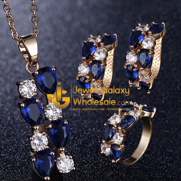 Rose Gold Plated Blue Cubic Zirconia Jewellery Set with Ring 4041