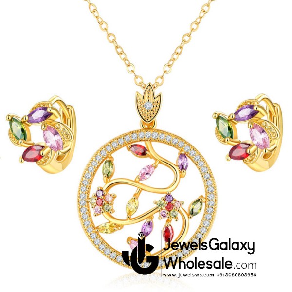 Gold Plated Multicolour Cubic Zirconia Floral Jewellery Set 4043