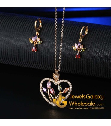 Gold Plated Multicolour Cubic Zirconia Heart shaped Jewellery Set 4044