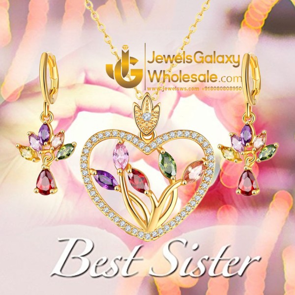 Gold Plated Multicolour Cubic Zirconia Heart shaped Jewellery Set 4044