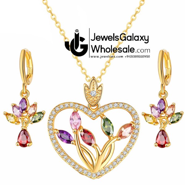 Gold Plated Multicolour Cubic Zirconia Heart shaped Jewellery Set 4044