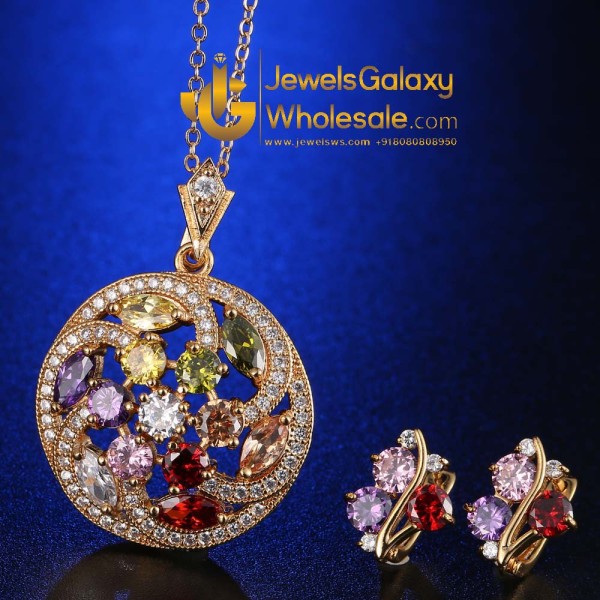 Gold Plated Multicolour Cubic Zirconia Floral Jewellery Set 4045