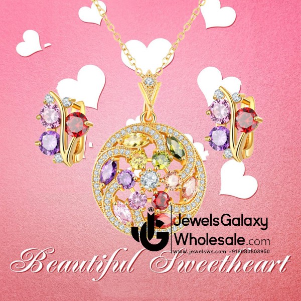 Gold Plated Multicolour Cubic Zirconia Floral Jewellery Set 4045