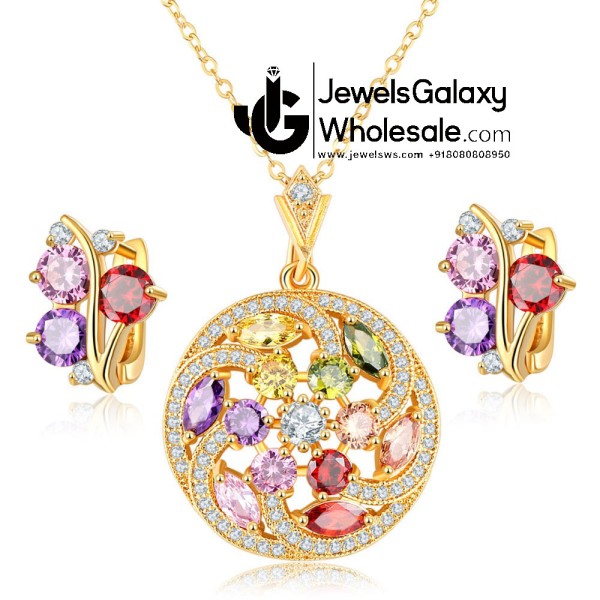 Gold Plated Multicolour Cubic Zirconia Floral Jewellery Set 4045