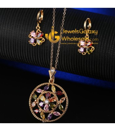 Gold Plated Multicolour Cubic Zirconia Floral Jewellery Set 4046