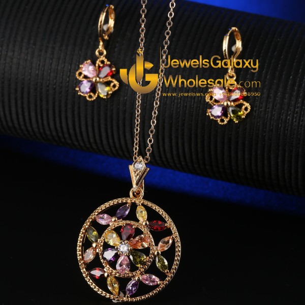 Gold Plated Multicolour Cubic Zirconia Floral Jewellery Set 4046