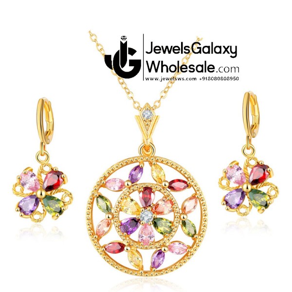 Gold Plated Multicolour Cubic Zirconia Floral Jewellery Set 4046