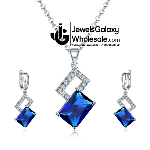 Platinum Plated Blue American Diamond Square Shape Jewellery Set 4084
