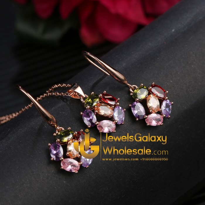 Gold Plated Multicolour Cubic Zirconia Floral Jewellery Set 4085