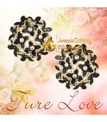 Gold Plated American Diamond Black Floral Clip-On Earrings 1585