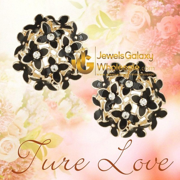 Gold Plated American Diamond Black Floral Clip-On Earrings 1585