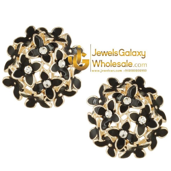 Gold Plated American Diamond Black Floral Clip-On Earrings 1585