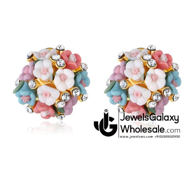 Gold Plated American Diamond Multicolour Floral Stud Earrings 2296