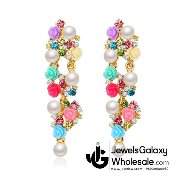 Crystal Elements Gold Plated Multicolour Rose Inspired Pearl Drop Earrings 2320