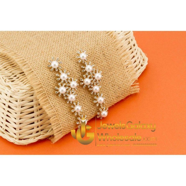 American Diamond Gold Plated White Pearl Drop Earrings 2322