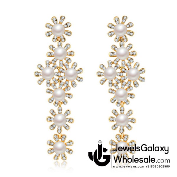 American Diamond Gold Plated White Pearl Drop Earrings 2322