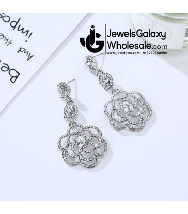 Platinum Plated American Diamond Floral Drop Earrings 2373