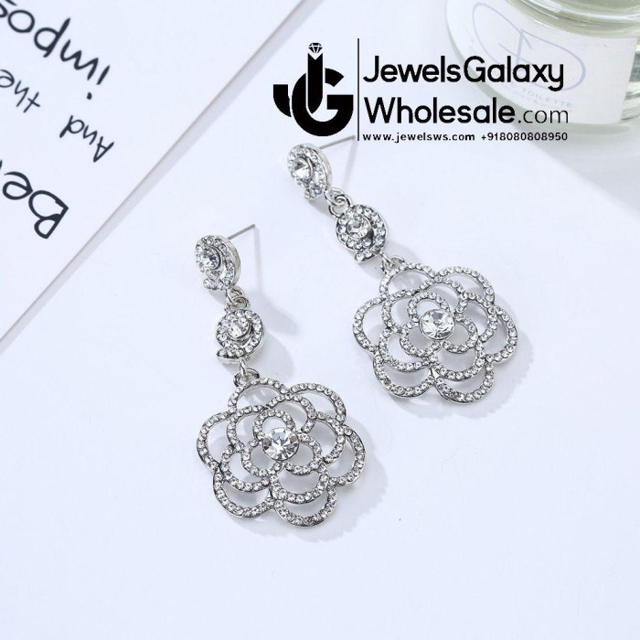 Platinum Plated American Diamond Floral Drop Earrings 2373