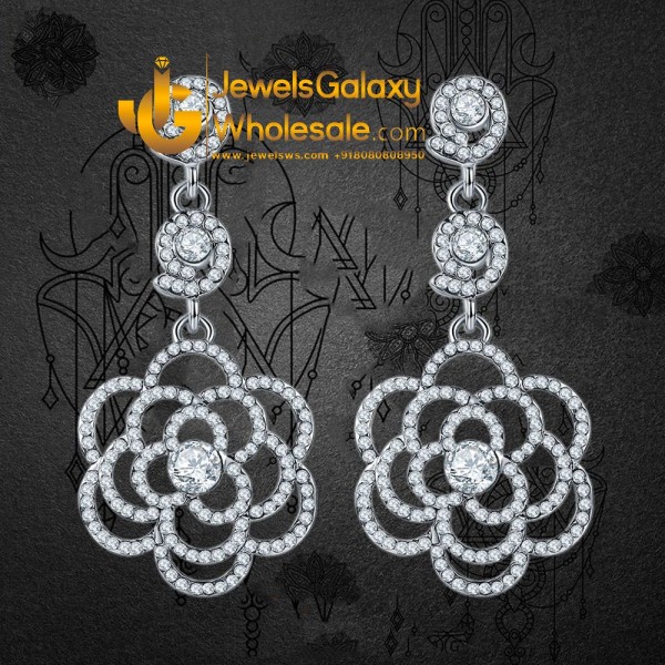 Platinum Plated American Diamond Floral Drop Earrings 2373