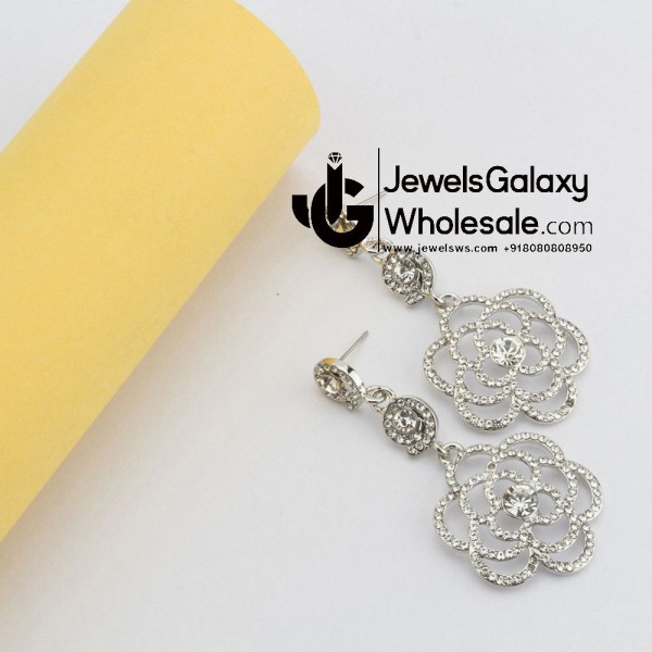 Platinum Plated American Diamond Floral Drop Earrings 2373