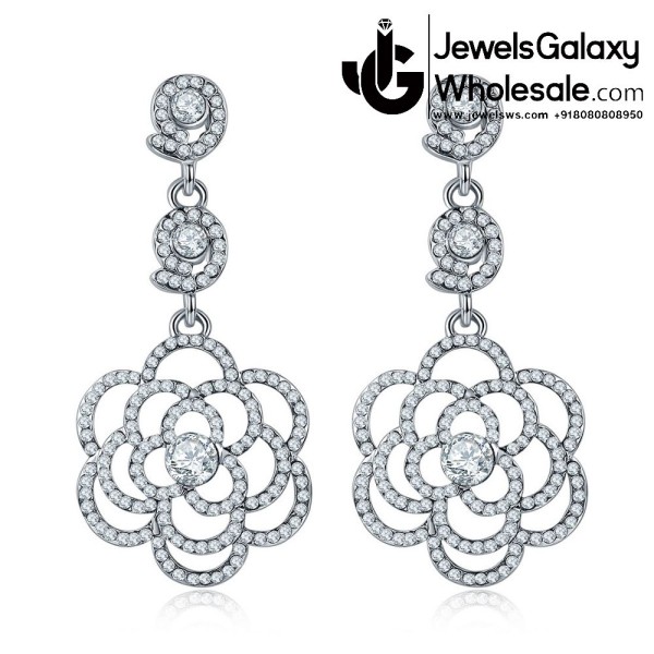 Platinum Plated American Diamond Floral Drop Earrings 2373