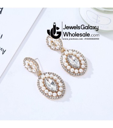 Gold Plated American Diamond Pearl Drop Earrings 2375