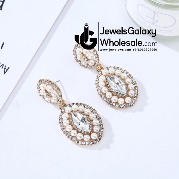 Gold Plated American Diamond Pearl Drop Earrings 2375