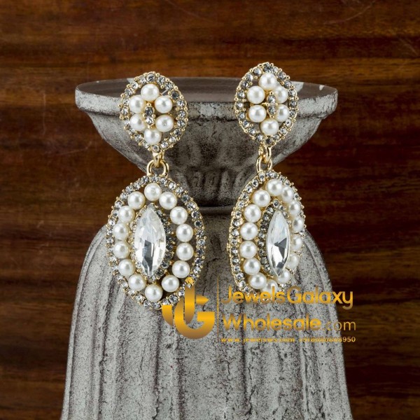 Gold Plated American Diamond Pearl Drop Earrings 2375