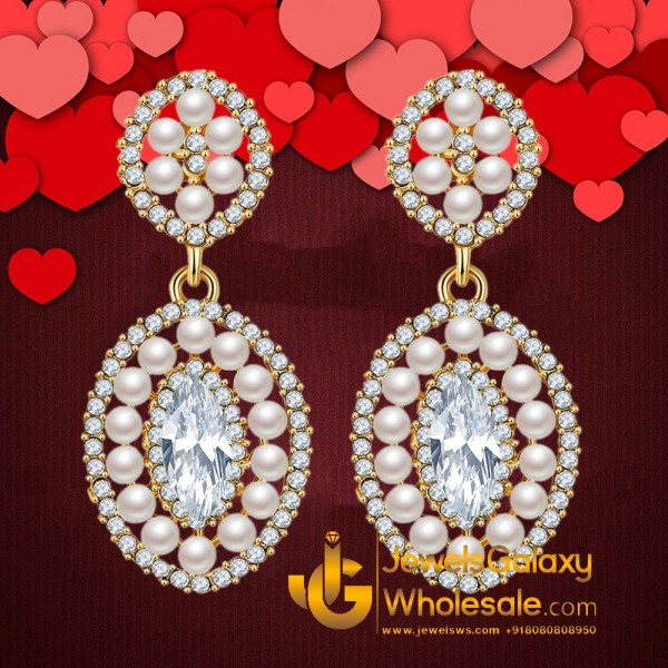 Gold Plated American Diamond Pearl Drop Earrings 2375