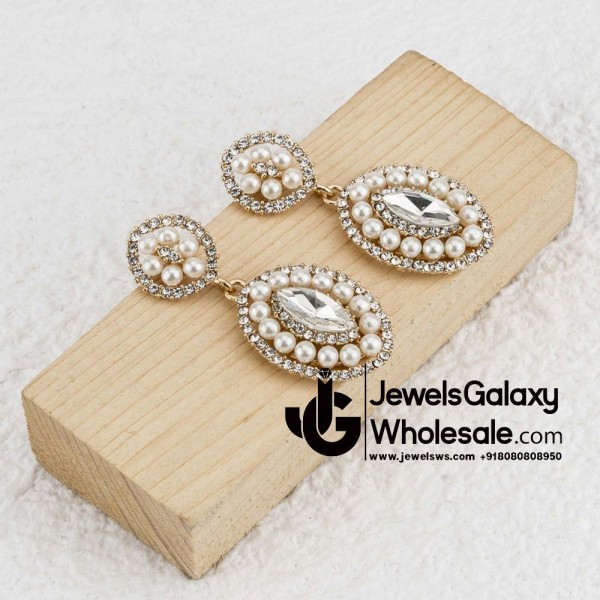Gold Plated American Diamond Pearl Drop Earrings 2375