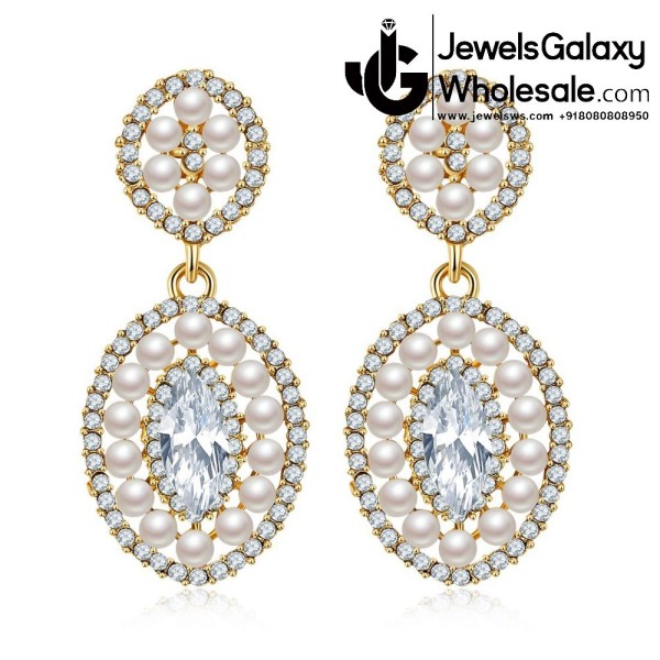 Gold Plated American Diamond Pearl Drop Earrings 2375