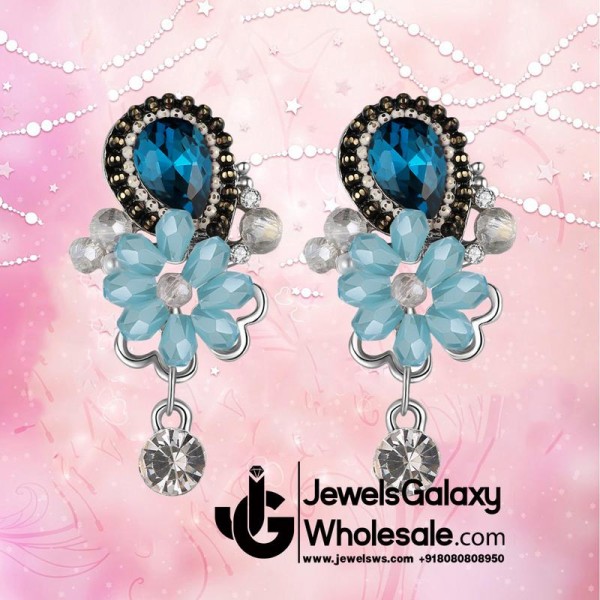 Platinum Plated Blue Floral AD Drop Earrings