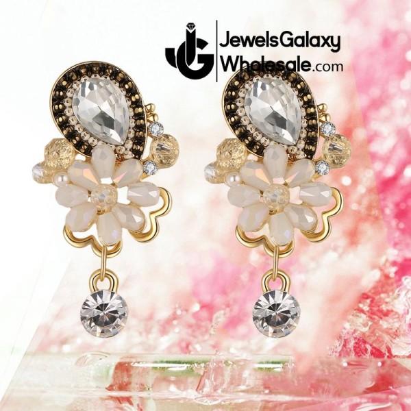 Gold Plated Peach Floral AD Drop Earrings