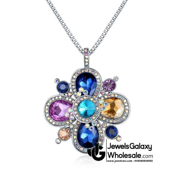 Platinum Plated Multicolor Floral Crystal Pendant