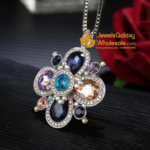 Platinum Plated Multicolor Floral Crystal Pendant