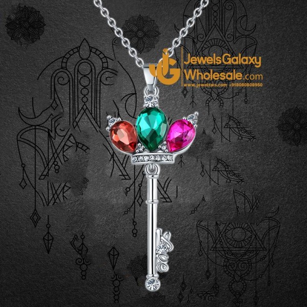 Platinum Plated Multicolor Crystal Key inspired Pendant