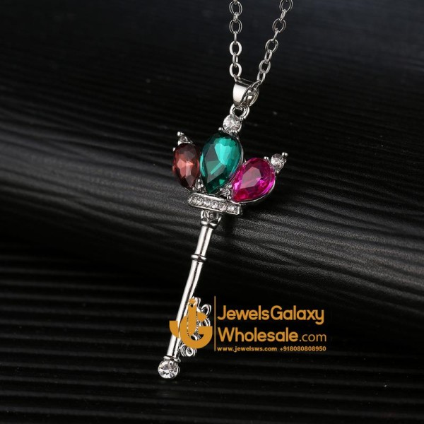 Platinum Plated Multicolor Crystal Key inspired Pendant