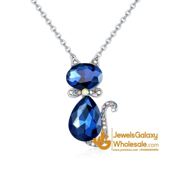 Platinum Plated Blue Crystal Cat inspired Pendant