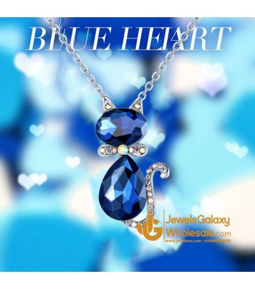 Platinum Plated Blue Crystal Cat inspired Pendant