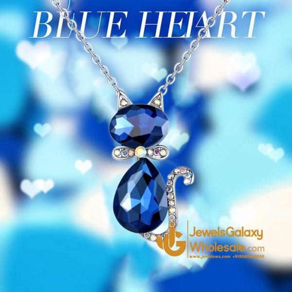 Platinum Plated Blue Crystal Cat inspired Pendant