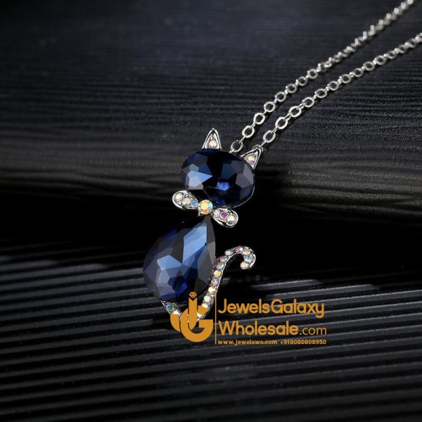 Platinum Plated Blue Crystal Cat inspired Pendant