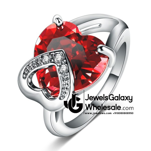 Platinum Plated American Diamond Red Heart Fashion Ring