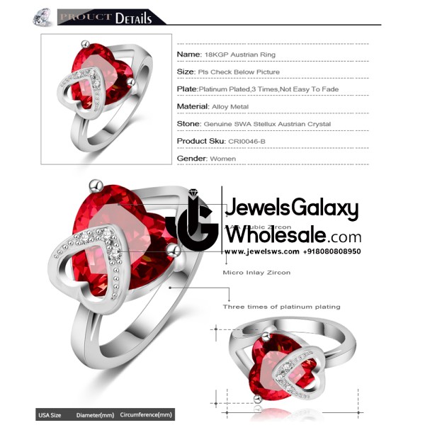 Platinum Plated American Diamond Red Heart Fashion Ring
