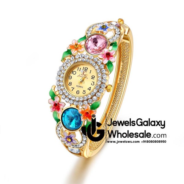 Gold Plated Multicolour Crystal AD Bracelet Watch