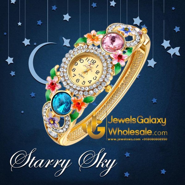 Gold Plated Multicolour Crystal AD Bracelet Watch
