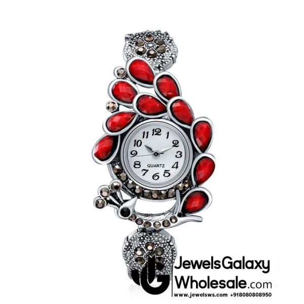 Platinum Plated Red Mayur AD Bracelet Watch