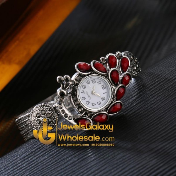 Platinum Plated Red Mayur AD Bracelet Watch